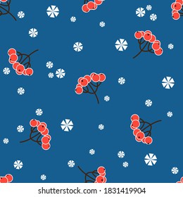 Vintage winter seamless pattern with rpwan berries and snowflakes on blue background. Beautiful illustration in retro style for decorating christmas wallpapers, textile, wrapping paper