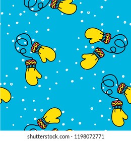 Vintage winter seamless pattern with white mittens and snow on blue background. Vector illustration