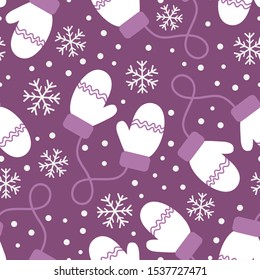 Vintage winter seamless pattern with white mittens and snowflakes on purple background. Vector illustration