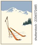 Vintage winter ski poster. Vintage wooden skis with bamboo ski poles on ski track against winter mountains background. Refined interior solution.