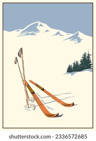 Afiche de esquí de invierno. Esquíes de madera de época con postes de bambú en la pista de esquí contra el fondo de las montañas invernales. Solución interior refinada.