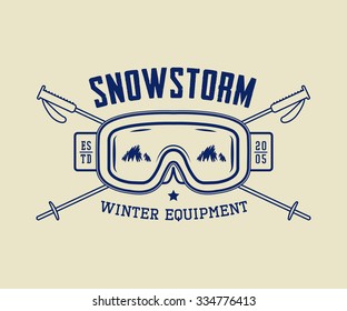 Vintage winter sport or winter equipment logo, emblem, badge, label and watermark with mask, glasses and sticks in retro style. Vector illustration 