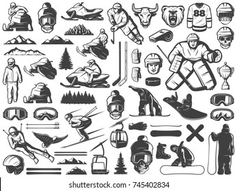 Viejo juego deportivo de invierno colección de iconos con hockey snowboard snowboard ski moto de nieve equipos deportivos y elementos naturales ilustraciones vectoriales aisladas