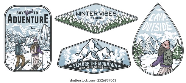 Vintage winter sports badges featuring people hiking and skiing in snowy mountain landscapes, evoking freedom and fun with a retro aesthetic