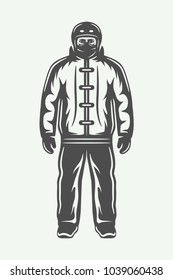 Vintage Winter Sportsman In Ski Suit. Monochrome Graphic Art. Vector Illustration.
