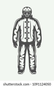 Vintage Winter Sportsman In Ski Suit. Monochrome Graphic Art. Vector Illustration.
