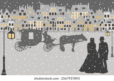 Vintage winter tale with a couple and a horse-drawn carriage