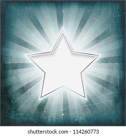 Vintage wintry light rays background glowing silver rimmed center star. Grunge elements give it a textured and old feeling like parchment.