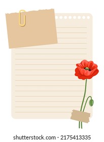 Vintage wish list template decorated with red poppy flower. Printable to do list, business organizer page, paper sheet. Journal and planner design vector illustration.