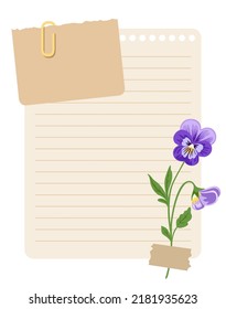 Vintage wish list template decorated with violet pansy flower. Printable to do list, business organizer page, paper sheet. Journal and planner design vector illustration.