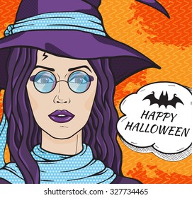 Vintage witch in hat and round glasses with message Happy Halloween, pop art comics style vector illustration. Girl in witch costume on orange background.