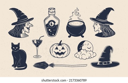 Vintage Witch icons set. Halloween elements. Witch head, broom, cauldron, potion, witch hat, pumpkin, moon and black cat isolated on white background. Vector illustration