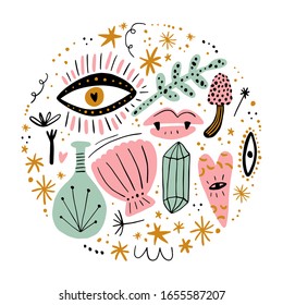 Vintage witchcraft cartoon elements set, magic shop for witches concept, wizard symbols bundle. Hand drawn fairy tale decor elements. Vector EPS clip art collection