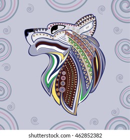 Vintage wolf head ethnic color pattern hand draw. 