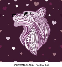 Vintage wolf head ethnic pattern hand draw. 