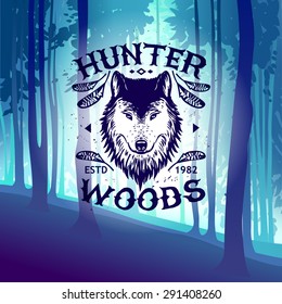 Vintage wolf labels. Retro vector design graphic element, emblem, logo, sign, identity, logotype, poster. Wood background. Hunter woods background