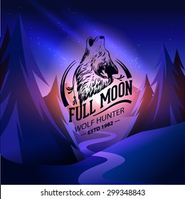 Vintage wolf labels. Retro vector design graphic element, emblem, logo, sign, identity, logotype, poster. Night forest background.