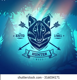 Vintage wolf labels. Retro vector design graphic element,  for your design or poster. Wood background. Hunter woods background.