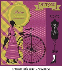 Vintage woman with bicycle colorful invitation card