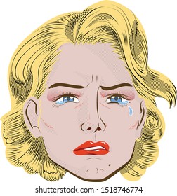 Vintage woman character face with crying and sad emotion expression