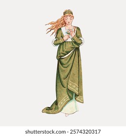 Vintage woman chromolithograph art vector element. Woman isolated illustration. Vintage woman in green dress art drawing illustration, woman lady female vector old painting art print.