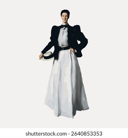 Vintage woman in formal wear, illustration isolated on white, vector. 
