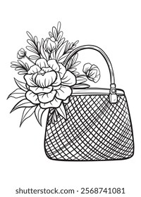 Vintage woman handbag with flowers, black and white illustration, for design and decoration, vector image, postcard, sticker, print