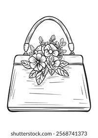 Vintage woman handbag with flowers, black and white illustration, for design and decoration, vector image, postcard, sticker, print