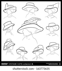 Vintage woman hats vector set. Hand drawing vector collection. Fashion design, icon, drawing, sketch, silhouette, blueprint concept.