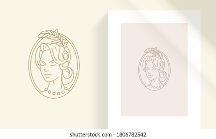 Vintage woman in oval frame silhouette linear vector illustration. Creative line art elegant head of beautiful retro female with feather in hair outline style. Good for logo or poster decoration.