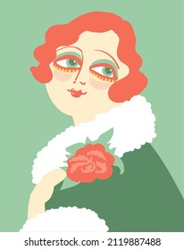 Retrato de mujer vintage al estilo de los años 20 con flor roja en mano. Chica vectorial de flapor de estilo retro con peinado rojo