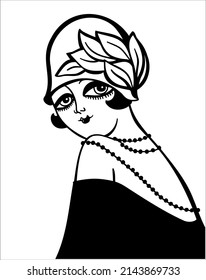 Vintage woman portrait in 1920s style fashion with cloche hat and long beeds on her neck. Vector retro style flapper girl isolated on white