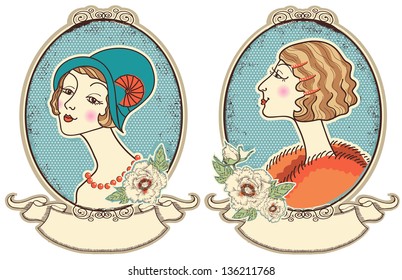 Vintage woman portraits in frame.Vector people illustration