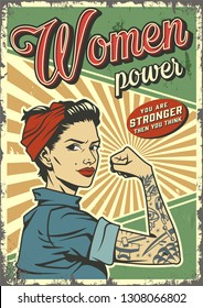 Vintage woman power colorful poster with pin up strong pretty girl with tattoo on arm vector illustration