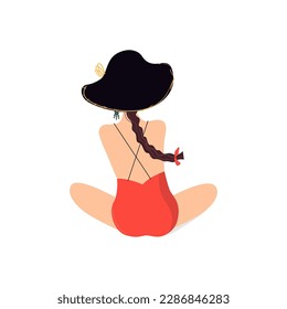 VINTAGE WOMAN IN RED SWIMSUIT IN SITTING POSE ISOLATED ON WHITE VECTOR ILLUSTRATION