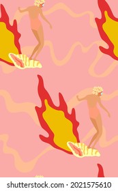 Vintage woman surfing on seashells on fire, Super hot summer vacation vibe, Hand drawn cute and sweet vintage feeling, seamless pattern