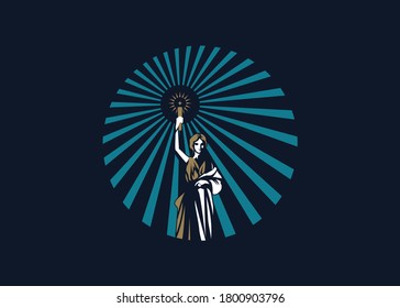 vintage woman torch logo design inspiration. Vector illustration of A Greek woman carrying a Cista and a torch