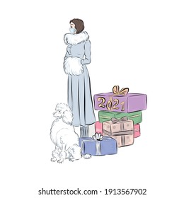 Vintage woman wearing mask from coronavirus with poodle. Vector illustration for greeting card and new year decor. Christmas gifts. 