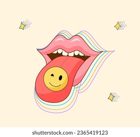 Vintage woman's half-open mouth, tongue sticking out. Retro groovy pink lips, mouth with sticker on tongue. Pop art style illustration. Vector cartoon illustration.