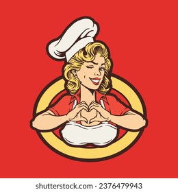 Ilustración de Amor de la Chef de Mujeres Vintage. Logo del chef de la cosecha. Ilustración del vector de logotipo