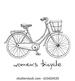 Vintage women`s bike with basket/ Bicycle icon in sketchy style/ Hand drawn vector illustration