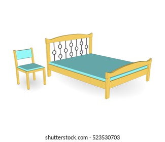 Vintage wood bed  with forged elements and a blue chair. Side view. Vector illustration. 