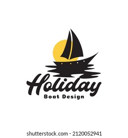 Vintage Wood Boat With Sunset Logo Design, Vector Graphic Symbol Icon Illustration