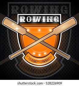 Vintage wood cross oars for rowing in center of shield. Sport logo for any team or championship