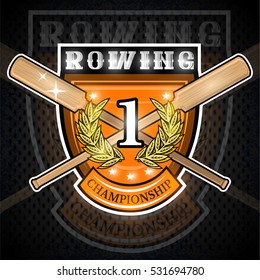 Vintage wood cross oars for rowing in center of shield. Sport logo for any team or championship