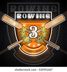Vintage wood crossed oars for rowing with number three in the middle of golden laurel wreath on the shield. Sport logo for any team or championship