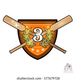 Vintage wood crossed oars for rowing with number three in the middle of golden laurel wreath on the shield on white. Sport logo for any team or championship