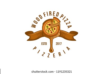 Vintage Wood Fired pizza Logo Designs Inspiration Isolated on White Background