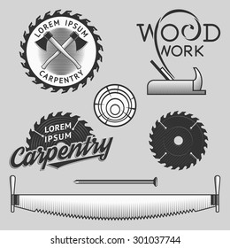 Vintage wood works and carpentry logos, emblems, templates, labels, symbols, design elements. Vector illustration.
