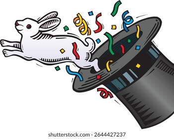 Vintage woodcut style illustration of a white rabbit jumping from a magician’s top hat with festive confetti. Ideal for magic show flyers, kids' party invitations, fantasy themes, magician logos, etc.